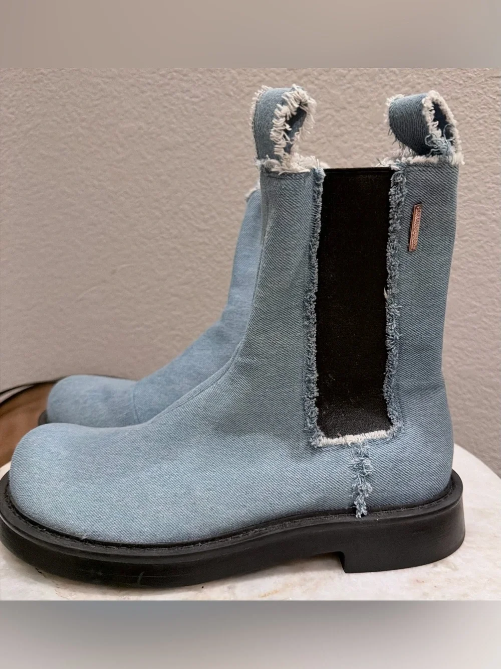 Charles & Keith Light Blue Denim Chelsea Booties with Black Panels